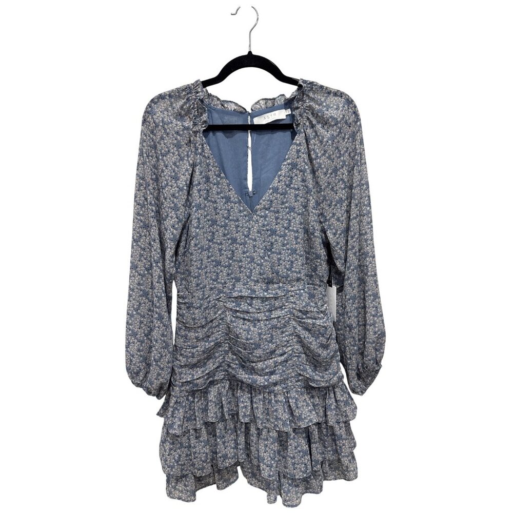 ASTR The Label Blue Floral Long Sleeve Ruffled Mini Dress Women's LARGE - Picture 2 of 11
